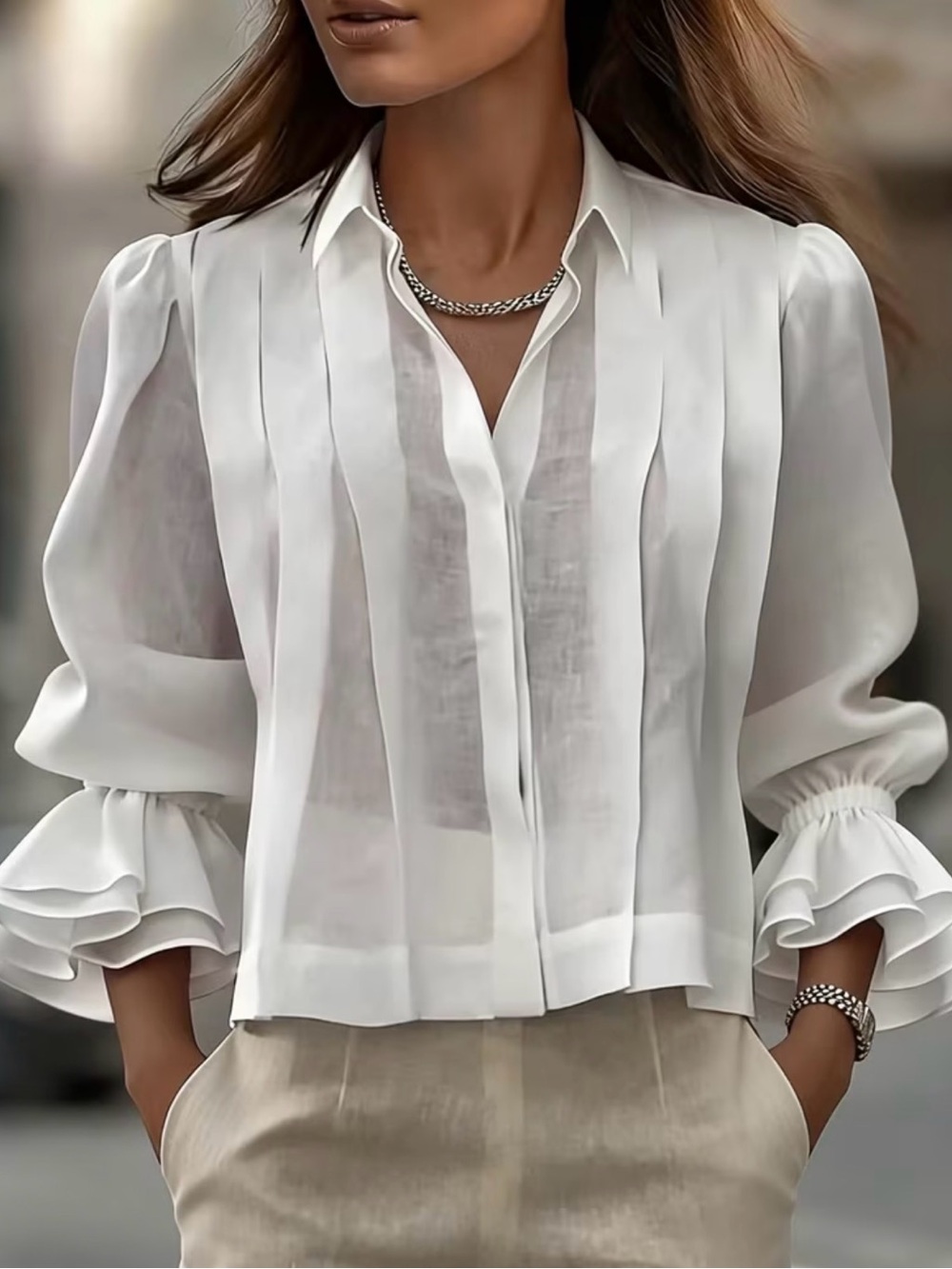 Women's White Pleated Ruffle-Cuff Blouse